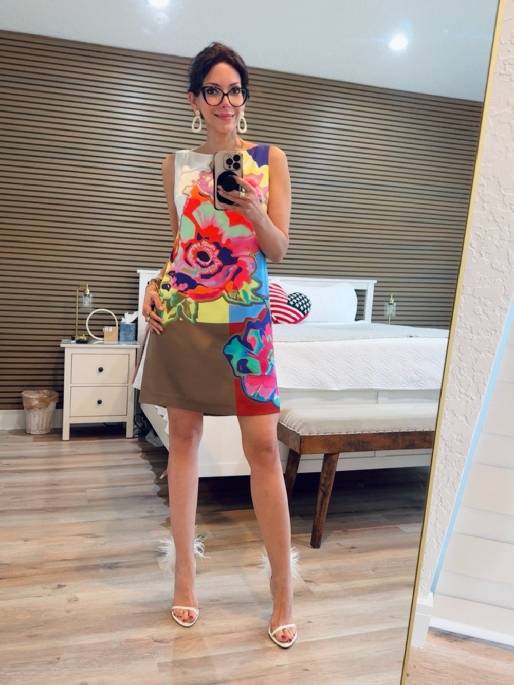 Suzi Chin for Maggy Boutique Brown Shift Dress with Bright Floral Print